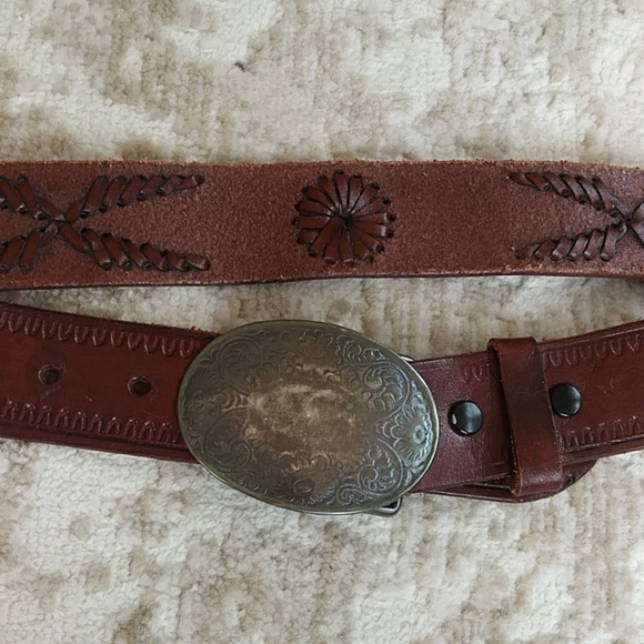 B-Low the Belt Tooled Leather Lacing Belt with Buckle Western Cowgirl 34 Brown - Picture 7 of 16